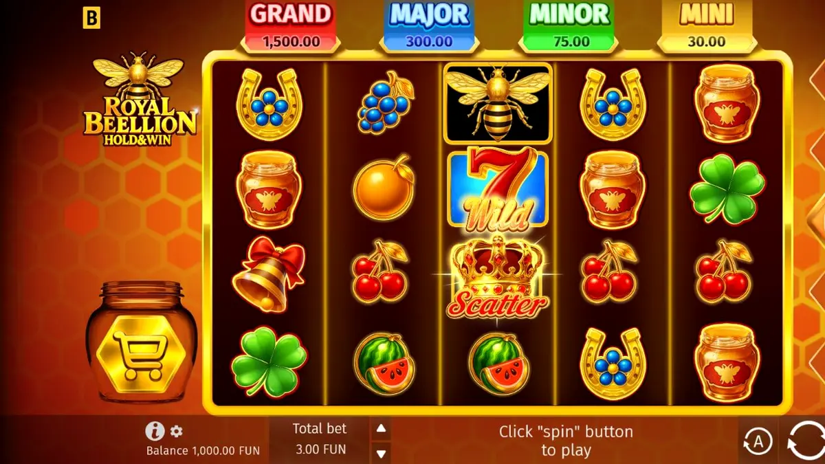 Tampilan visual slot Royal Beellion Hold & Win dengan tema lebah dan madu.