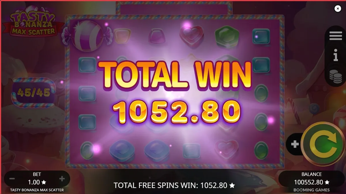Tampilan visual slot Tasty Bonanza Max Scatter yang penuh dengan permen warna-warni.